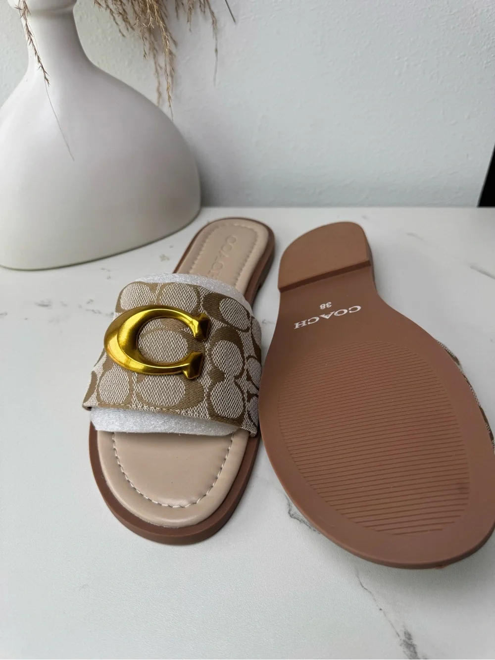 Coach Beige Signature Canvas Slide Sandals with Gold 'C' Accent
